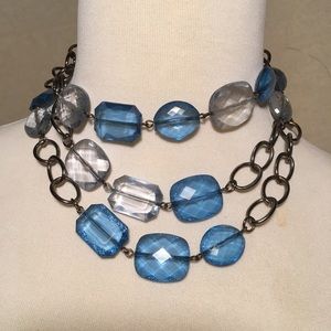 Long blue & clear bead necklace